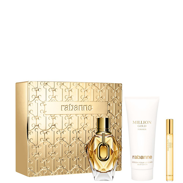 КОМПЛЕКТ MILLION GOLD FOR HER eau de parfum + BODY LOTION + travel SPRAY Комплект парфюмна вода, лосион за тяло и мини аромат - Rabanne КОМПЛЕКТ MILLION GOLD FOR HER eau de parfum + BODY LOTION + travel SPRAY Комплект парфюмна вода, лосион за тяло и мини аромат - Rabanne